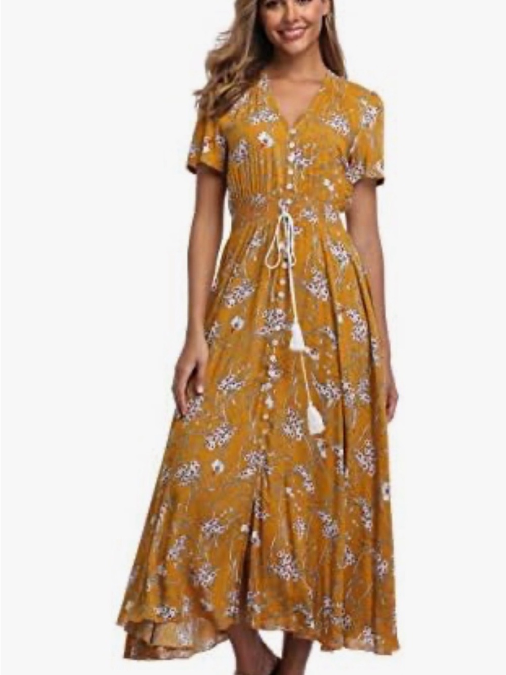 Floral V-Neck Mustard Maxi Dress with Tie Waist